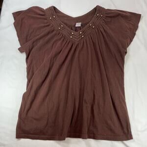 Bobbie Brooks Brown Beaded V-Neck Short Sleeve Top Blouse Plus Size 1X Women